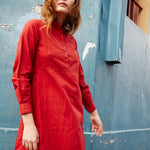 PLEATED CUFF SHIRT DRESS, RED - SAAKI