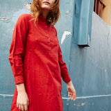 PLEATED CUFF SHIRT DRESS, RED - SAAKI