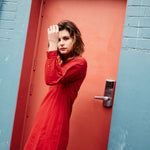 PLEATED CUFF SHIRT DRESS, RED - SAAKI