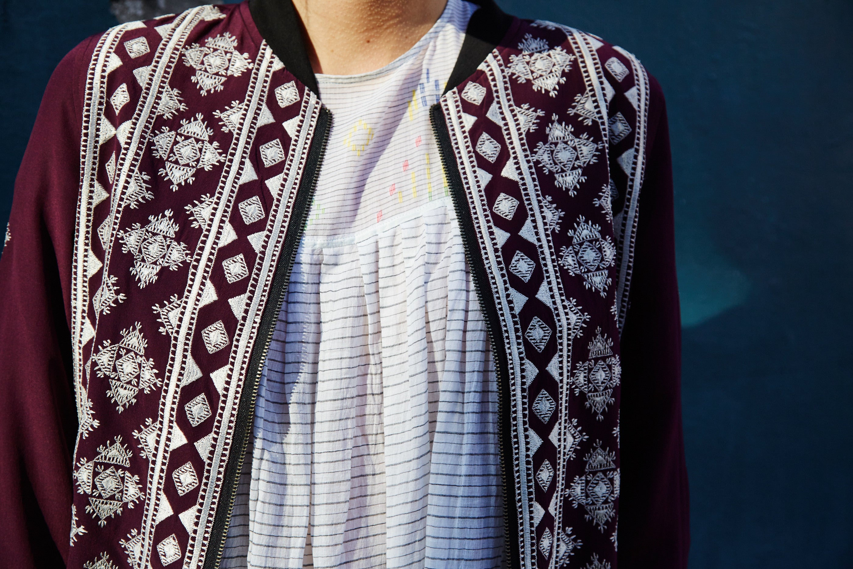 VINTAGE EMBROIDERY BOMBER JACKET, DEEP PURPLE SILK - SAAKI