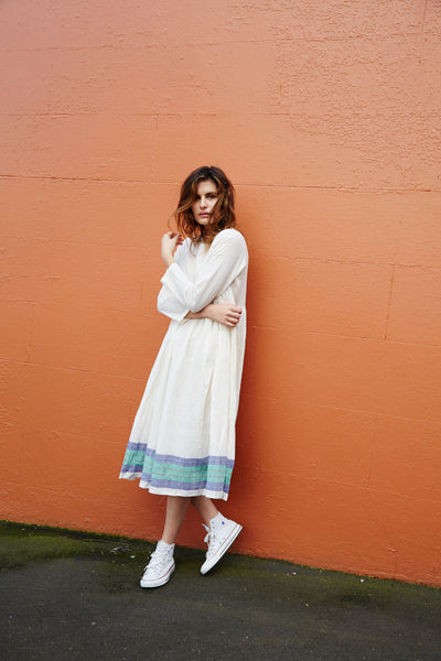 SHEER PLEAT DRESS, ECRU - SAAKI