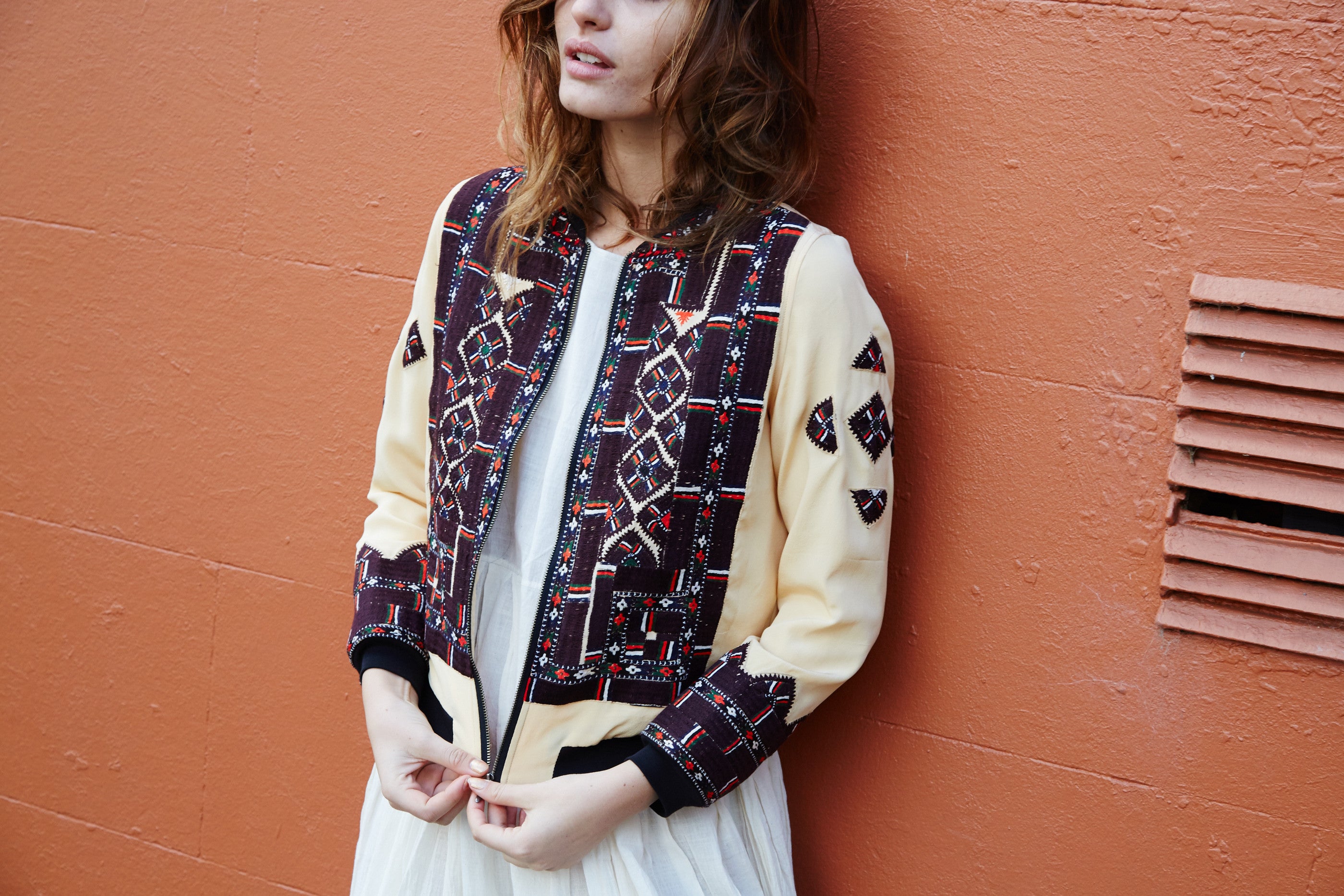 VINTAGE EMBROIDERY BOMBER JACKET, LIME YELLOW SILK - SAAKI