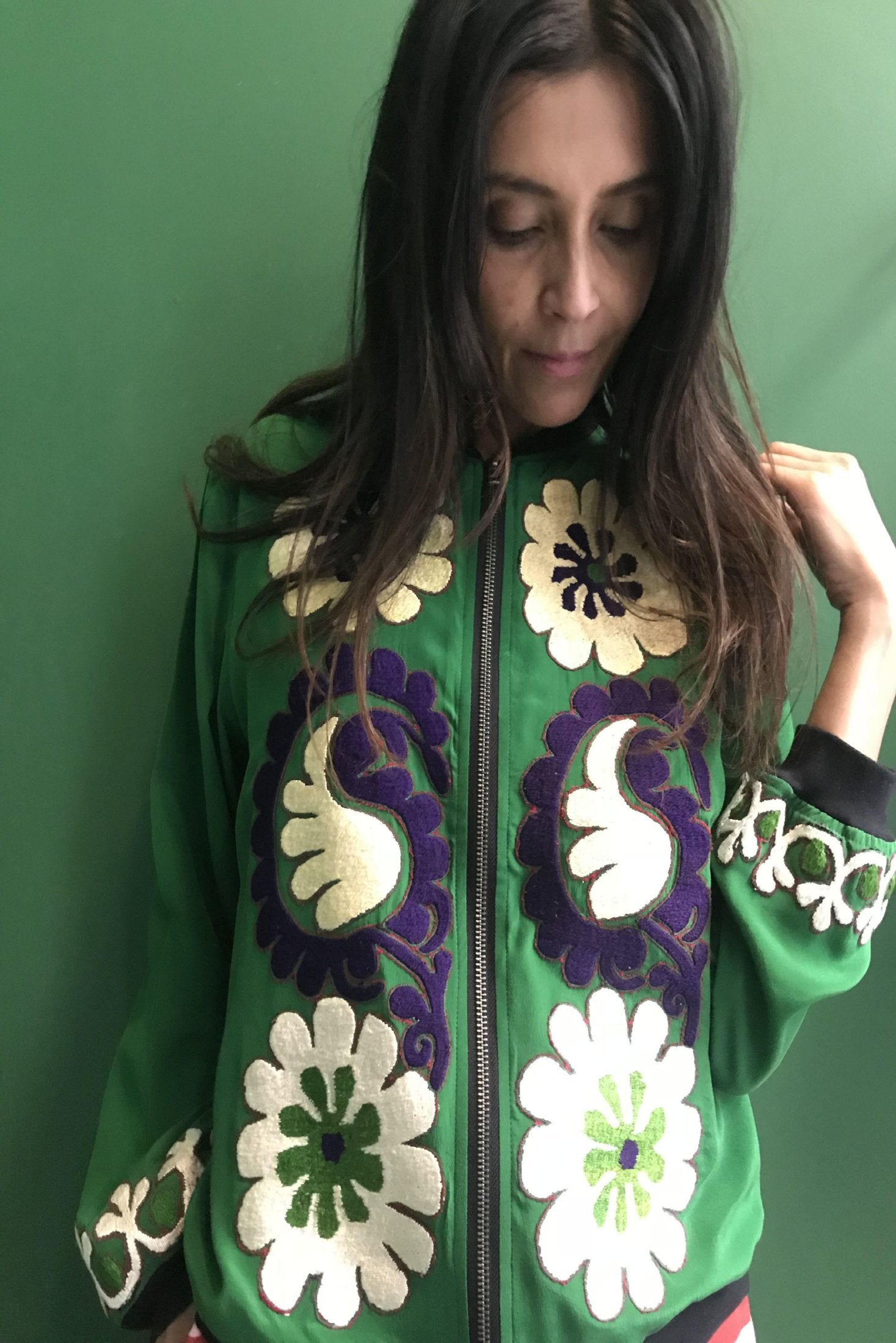 VINTAGE EMBROIDERY SUZANNE BOMBER, GREEN SILK - SAAKI