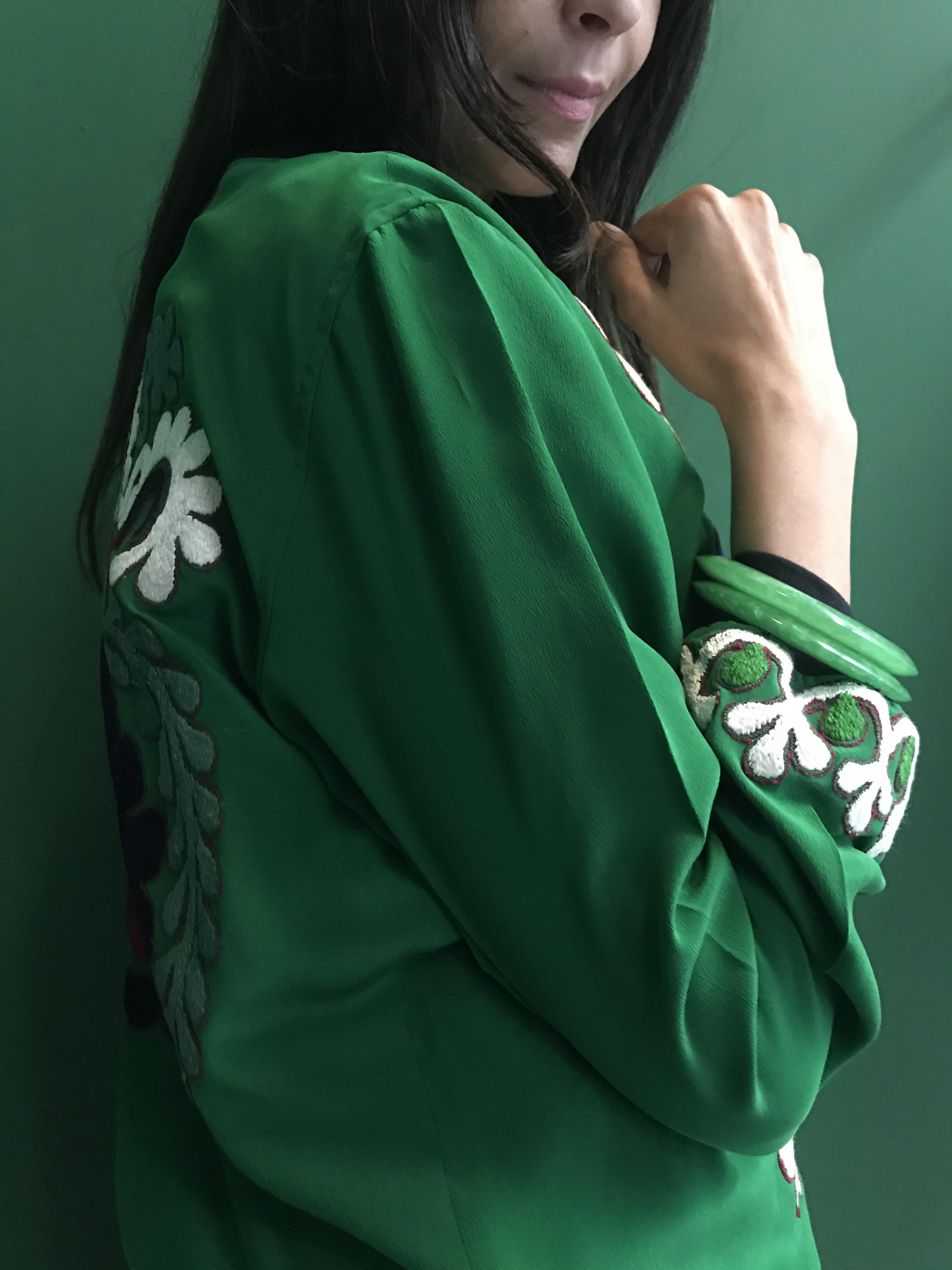 VINTAGE EMBROIDERY SUZANNE BOMBER, GREEN SILK - SAAKI