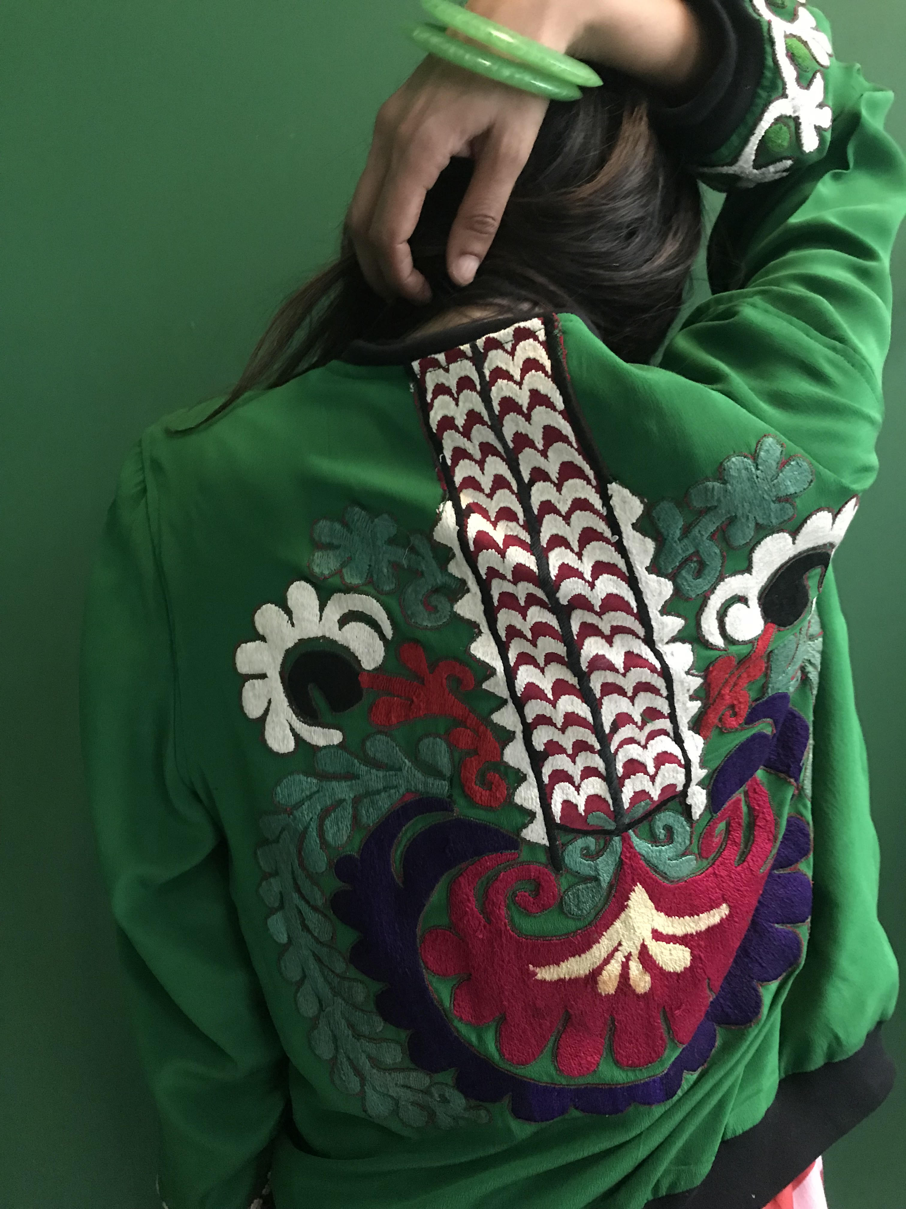 VINTAGE EMBROIDERY SUZANNE BOMBER, GREEN SILK - SAAKI