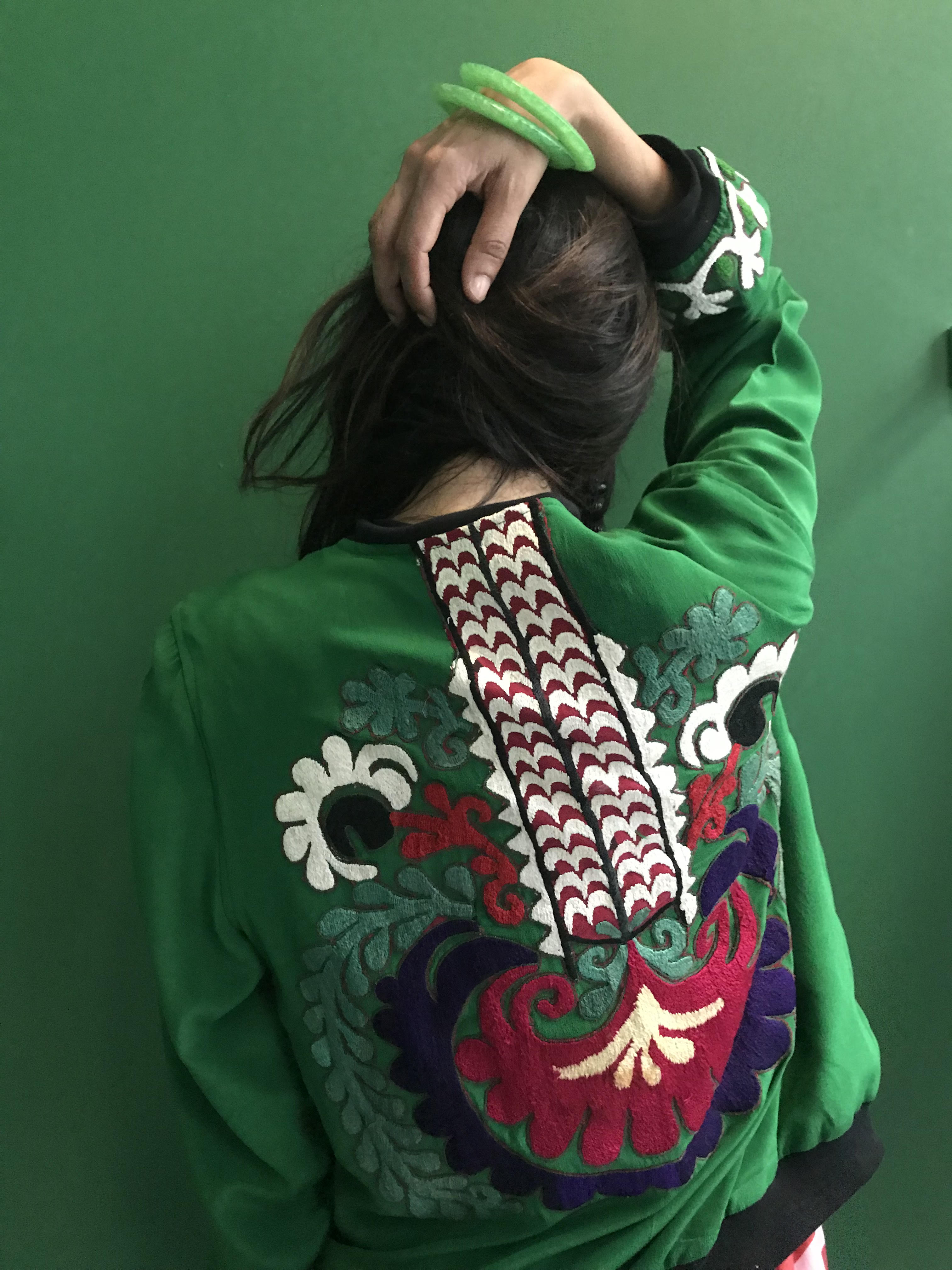 VINTAGE EMBROIDERY SUZANNE BOMBER, GREEN SILK - SAAKI