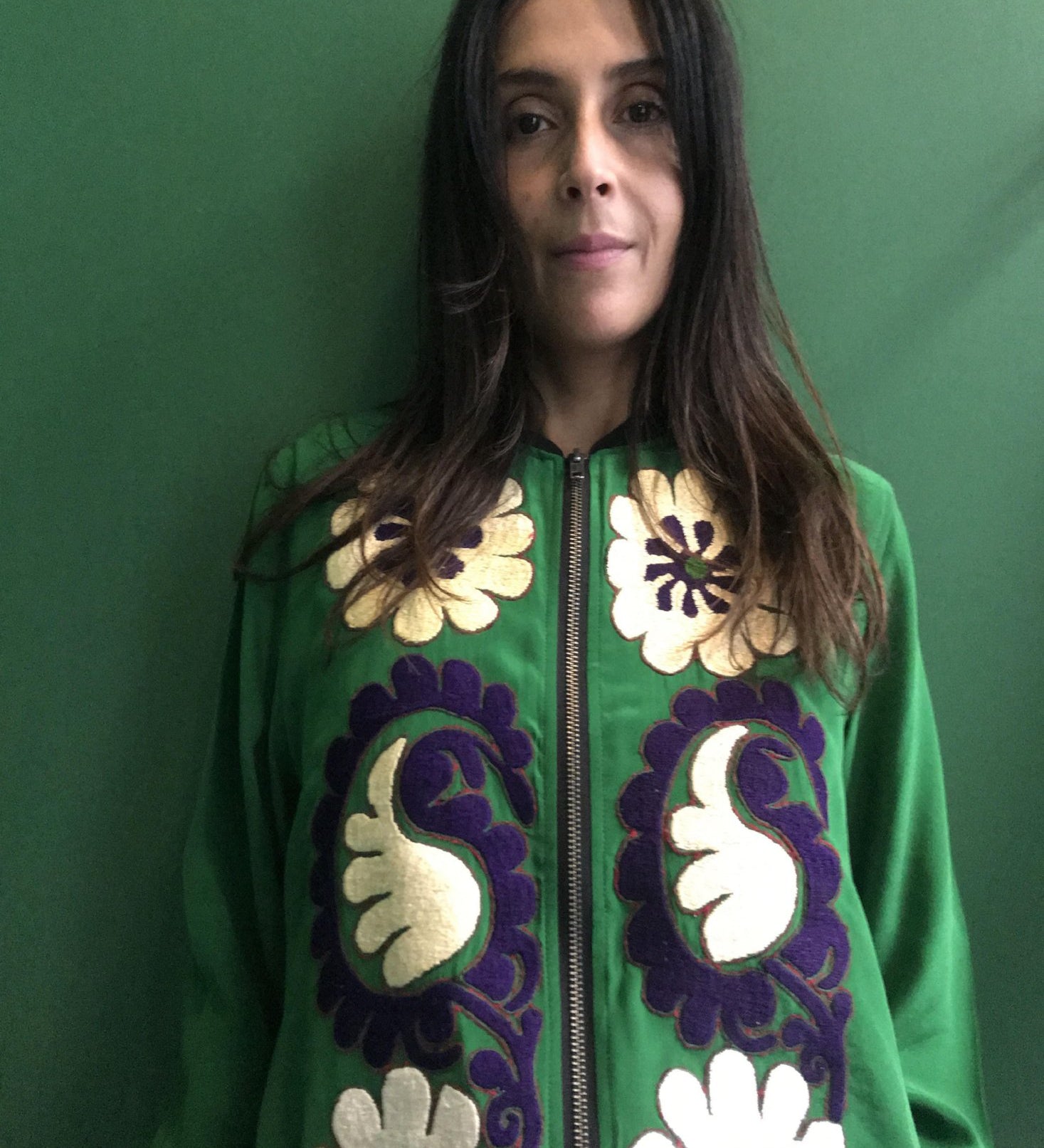 VINTAGE EMBROIDERY SUZANNE BOMBER, GREEN SILK - SAAKI