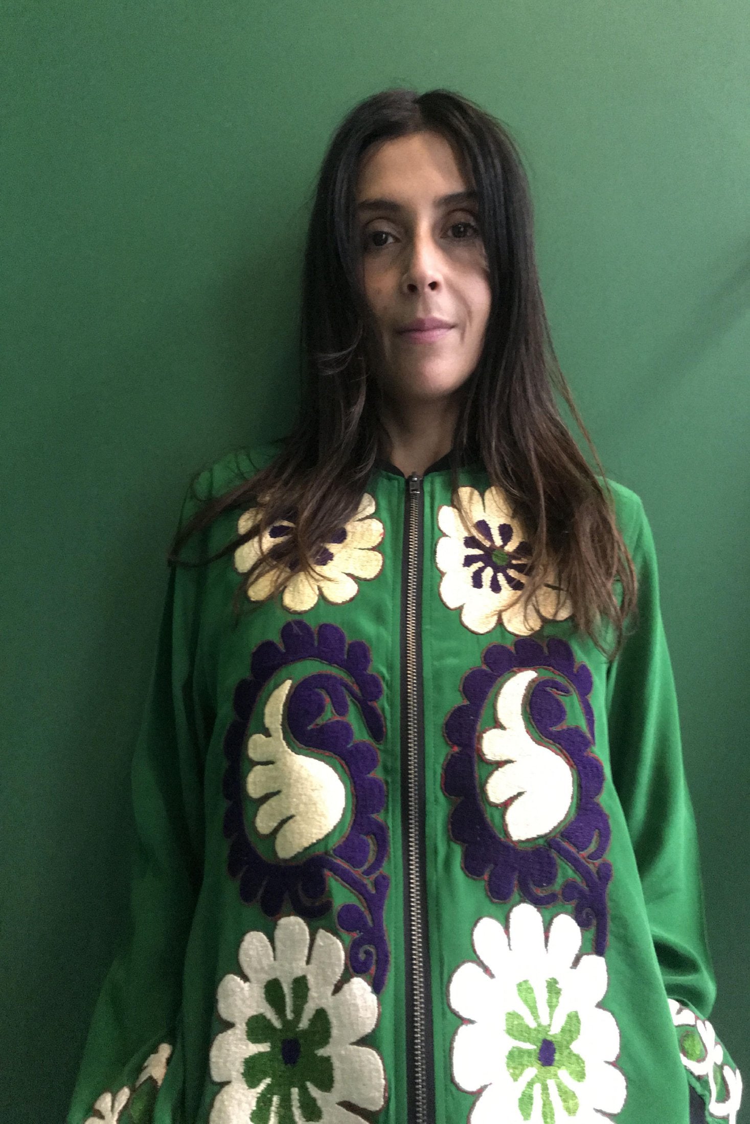 VINTAGE EMBROIDERY SUZANNE BOMBER, GREEN SILK - SAAKI